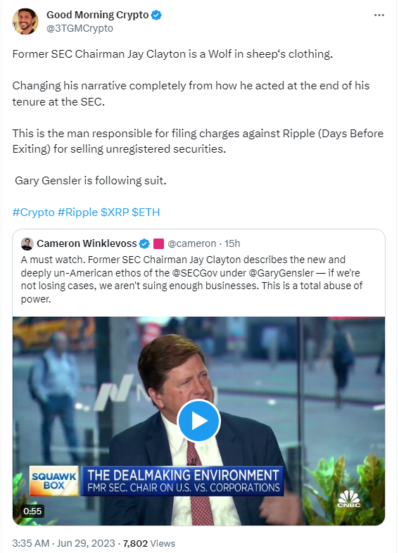 Former Securities and Exchange Commission (SEC) Chair Jay Clayton, who sued Ripple (XRP), slams Gary Gensler's crackdown on crypto exchanges