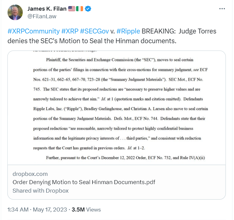 Despite SEC's efforts, Judge Torres denied its demands to seal the Hinman Documents 