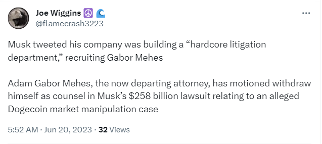 Elon Musk's attorney Adam Gabor Mehes has asked to withdraw himself from the $258 billion Dogecoin (DOGE) market manipulation case.