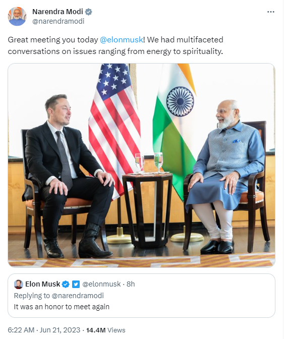 Tesla CEO Elon Musk is a fan of Indian Prime Minister Narendra Modi who is in the United States upon US President Joe Biden's invitation 