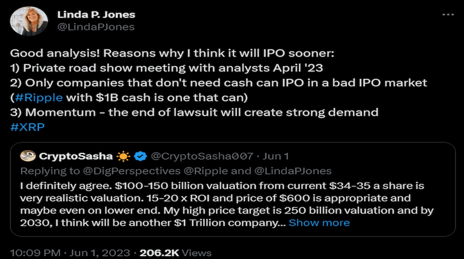 Linda P. Jones listed different reasons for the possibility of a Ripple Labs IPO
