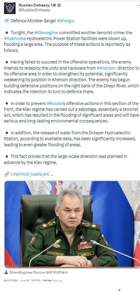 Russian Defense Minister Sergei Shoigu claimed the Ukrainian regime was behind the recent attack on the Kakhovka Hydroelectric Power Plant.