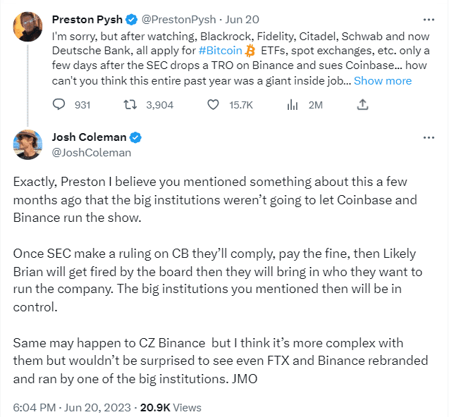 The Securities and Exchange Commission (SEC) crackdown on crypto exchanges Binance & Coinbase an "inside job" from Wall Street experts allege
