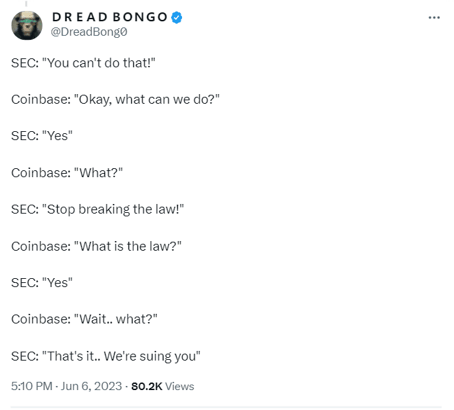 SEC Chair Gary Gensler's case against Coinbase makes no sense. The regulatory body still does not have any laws in place for the crypto industry.