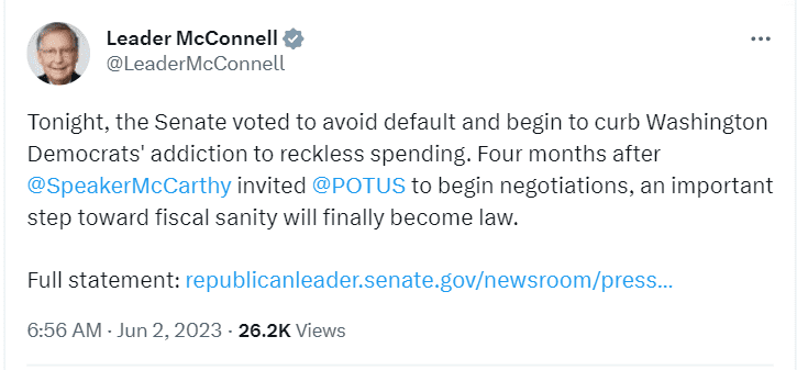 Senate Minority Leader Mitch McConnell claimed the debt ceiling bill passed thanks to the efforts of the Republican party. US President Joe Biden had refused to negotiate with House Speaker Kevin McCarthy