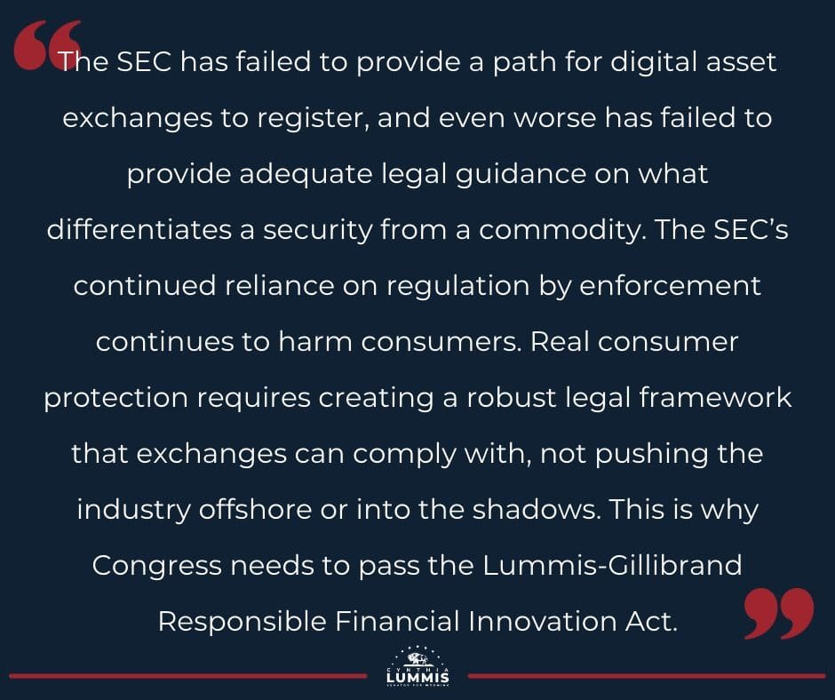 US Senator from Wyoming, Cynthia Lummis, has demanded a legal framework from crypto trade from Securities and Exchange Commission