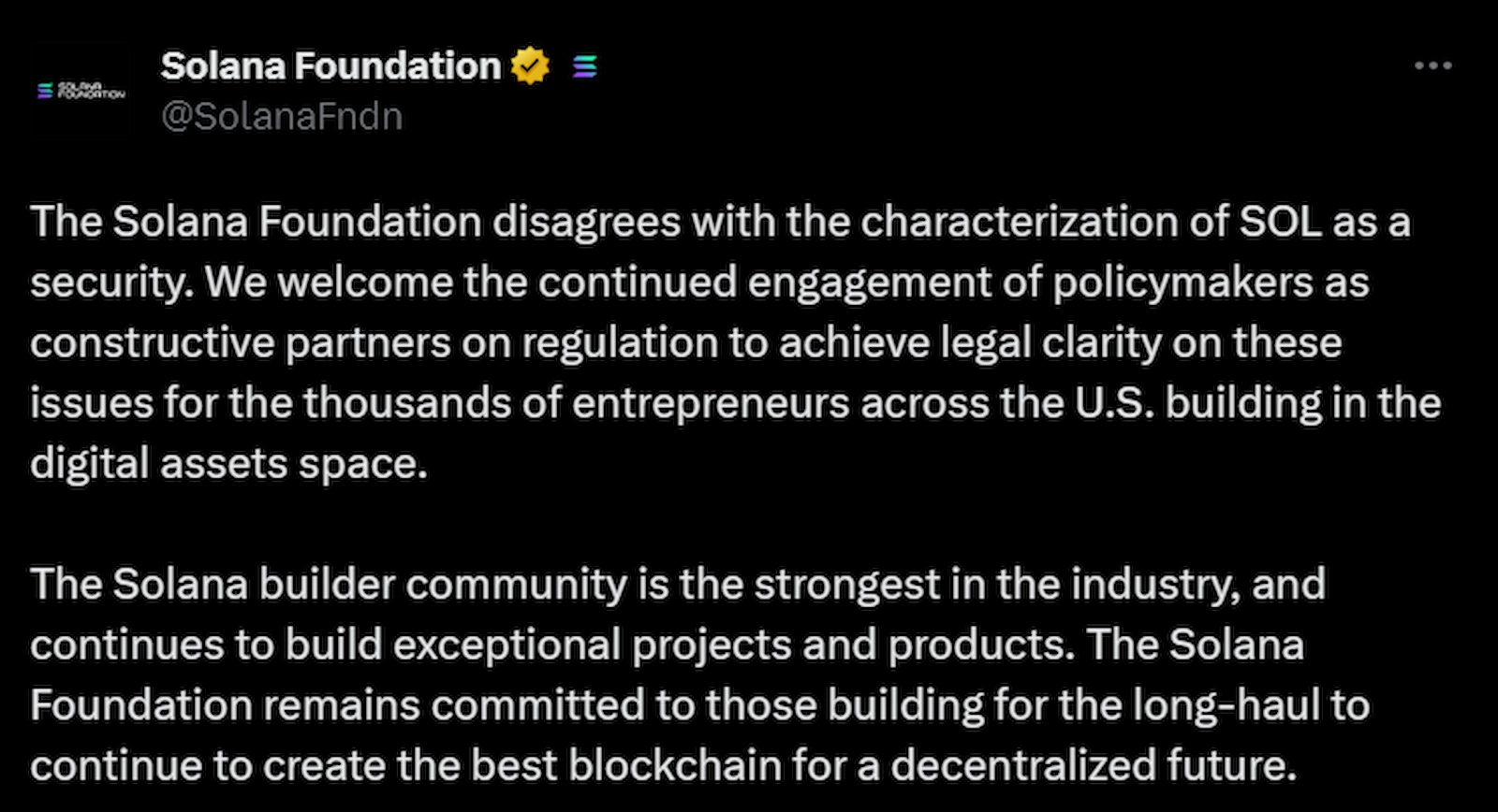 The Solana Foundation stated it disagreed with the SEC on the status of SOL