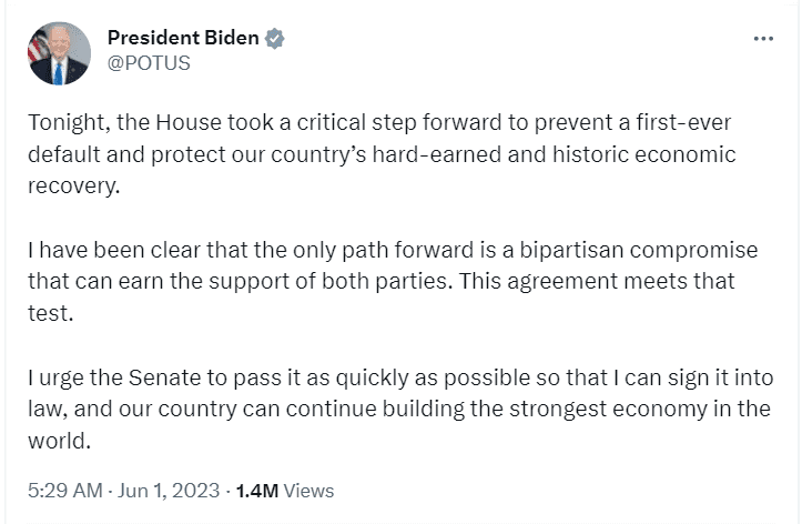 US House of Representatives passed the debt ceiling bill. Speaker Kevin McCarthy rallied more support from Democrats than Republicans after forcing President Joe Biden to negotiate
