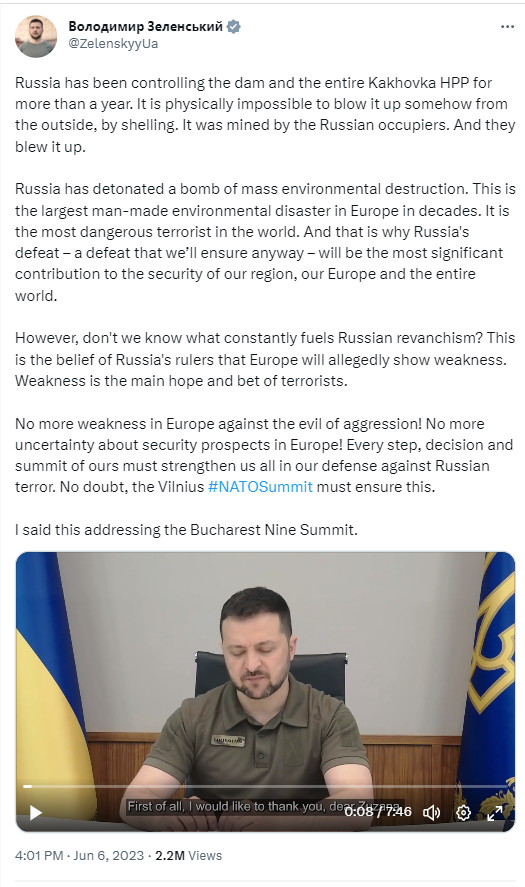 Ukraine President Volodymyr Zelensky accused Russia of terrorism following the destruction of the Kakhovka dam.