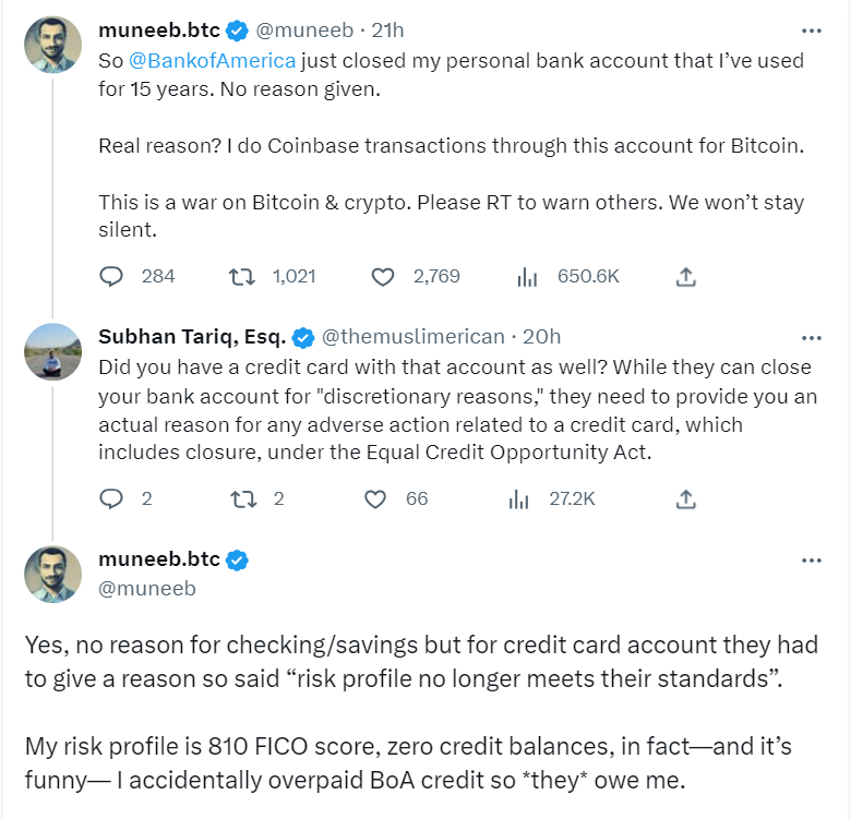 The Bank of America is closing the personal bank accounts of people trading Bitcoin on crypto exchange Coinbase, Brian Armstrong suggests.