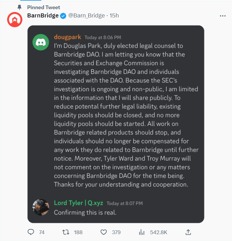 DeFi protocol BarnBridge has come under the scanner of the Securities and Exchange Commission (SEC). BOND, its native token, tanked.