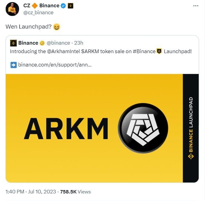 Arkham (ARKM) token became the latest project to come from Binance Launchpad amid excitement from crypto whales. BNB rallies 6%.