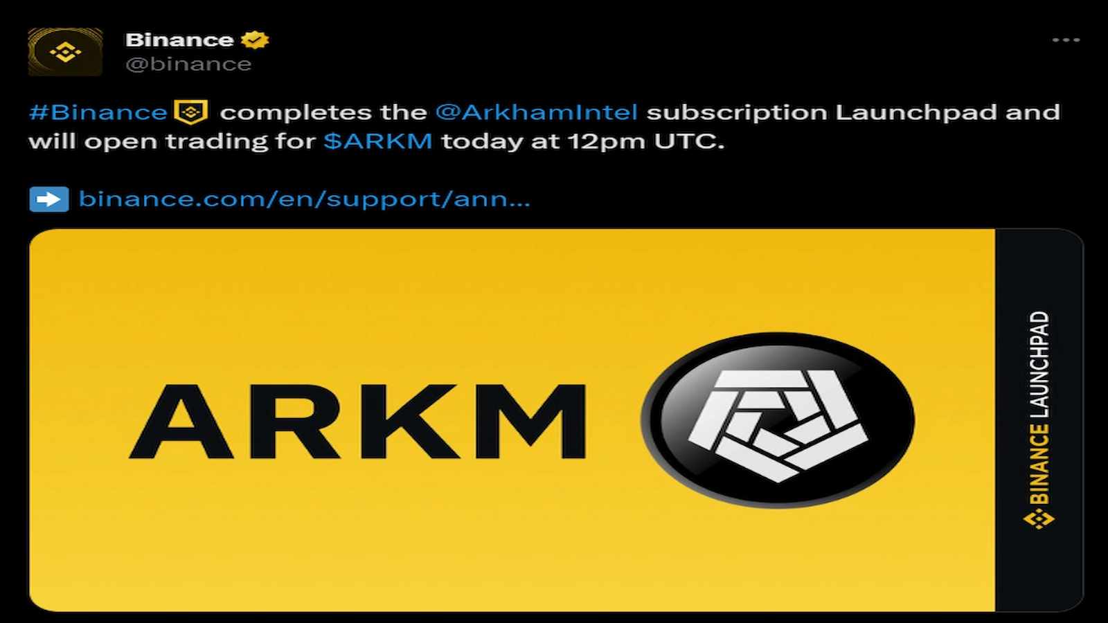 Binance announced the listing of ARKM token on its launchpad