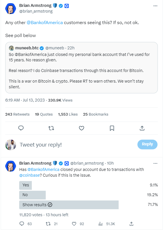 The Bank of America is closing the personal bank accounts of people trading Bitcoin on crypto exchange Coinbase, Brian Armstrong suggests.