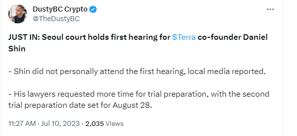 The pre-trial hearing of Daniel Shin, Co-Founder of Terraform Labs (LUNA), has kicked off in South Korea months after CEO Do Kwon's arrest.Luna Classic (LUNC)