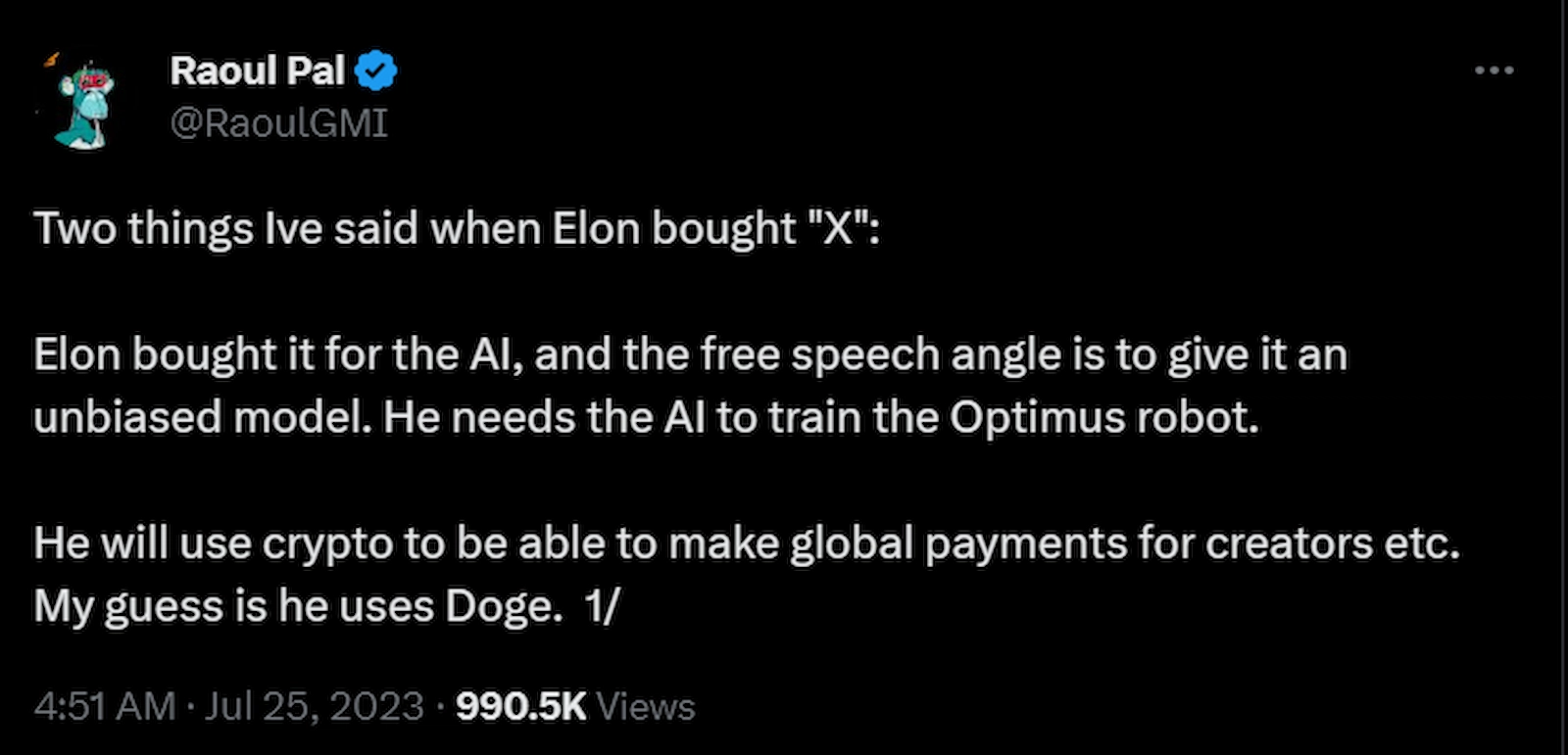 Raoul Pal "guessed" Musk could introduce DOGE as a global payment option