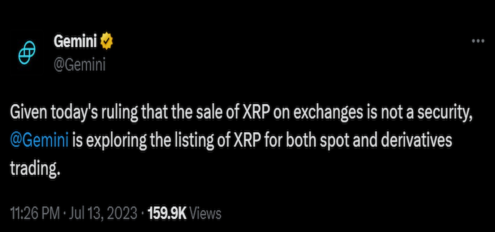 Gemini stated that it was exploring relisting XRP token.