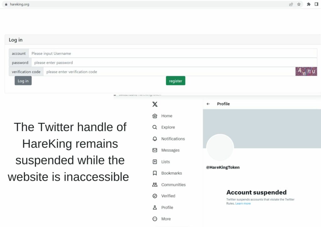 While it is impossible to access the previously-functioning website of HareKing token, its Twitter handle stands suspended