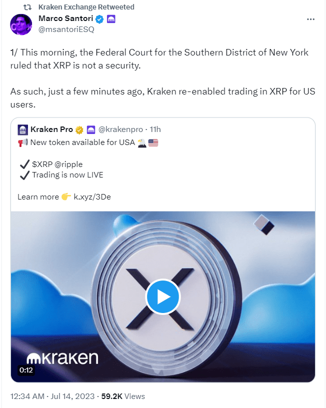 XRP token rallies. Crypto exchanges Coinbase, Gemini & Kraken rush to re-list it after Ripple's win against Securities & Exchange Commission (SEC)