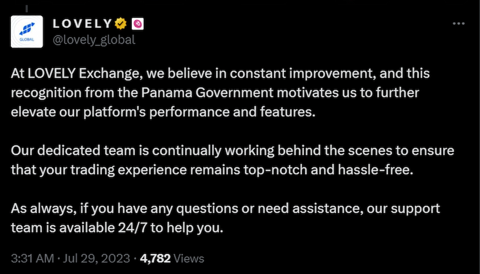 Lovely Exchange shared news of achieving legal status from the Panama government in an X post