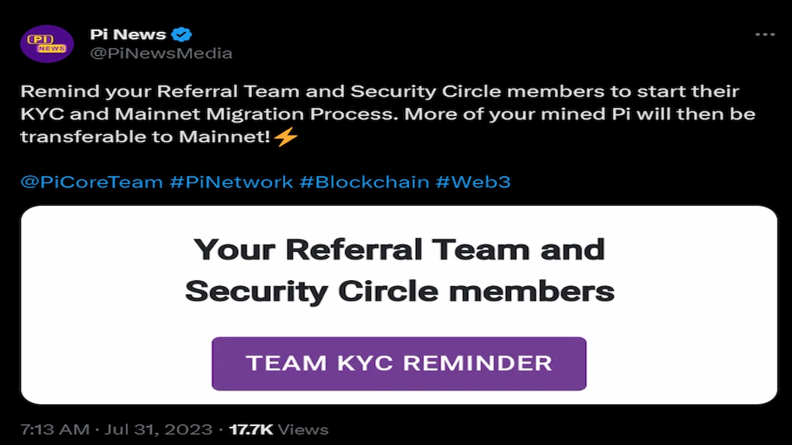 Pi Network asked users to start their KYC and mainnet migration.
