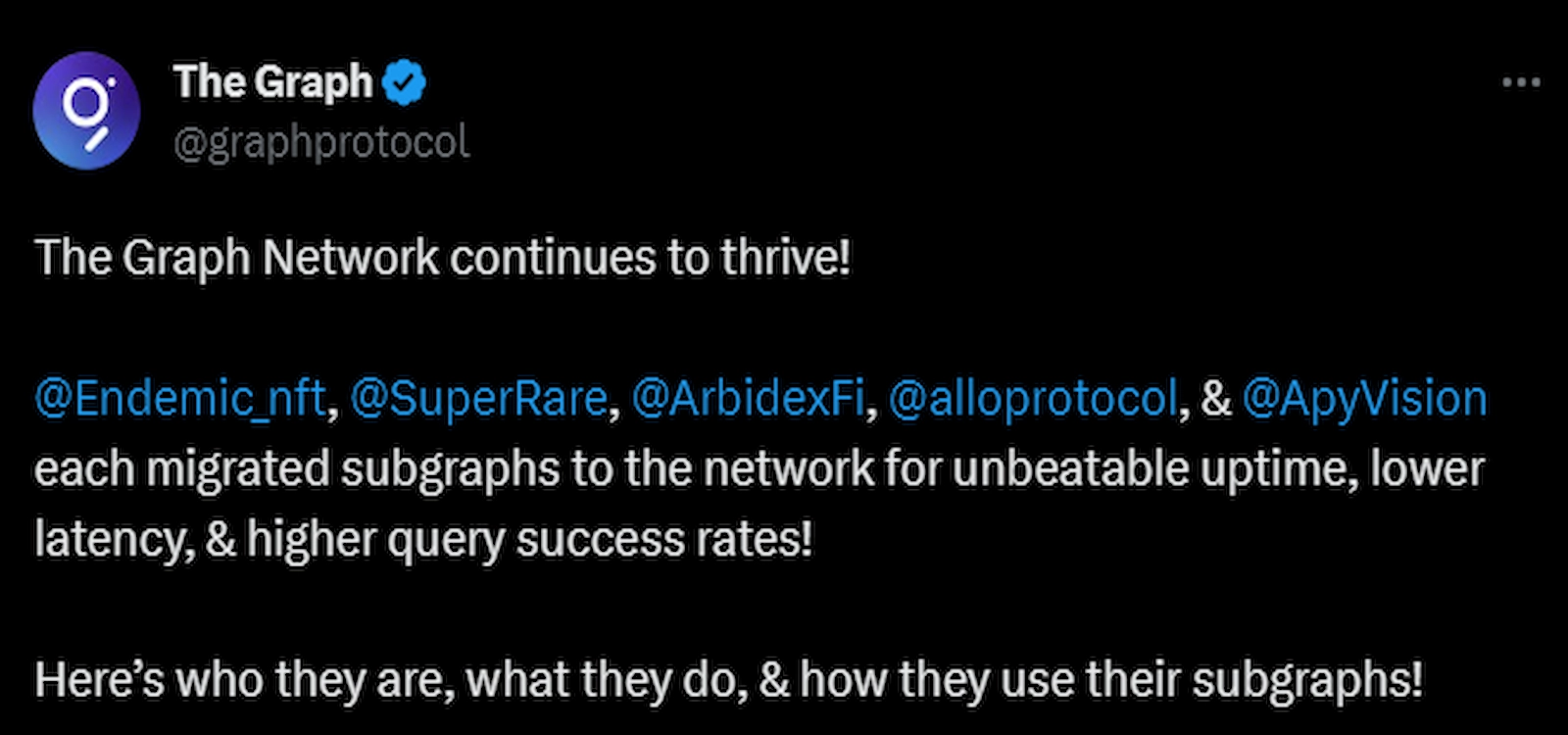 The Graph Protocol shared several projects in its ecosystem migrated to the Arbitrum network/