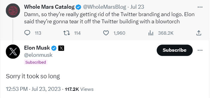Elon Musk acknowledge that he has contemplated changing the name and logo of Twitter for long