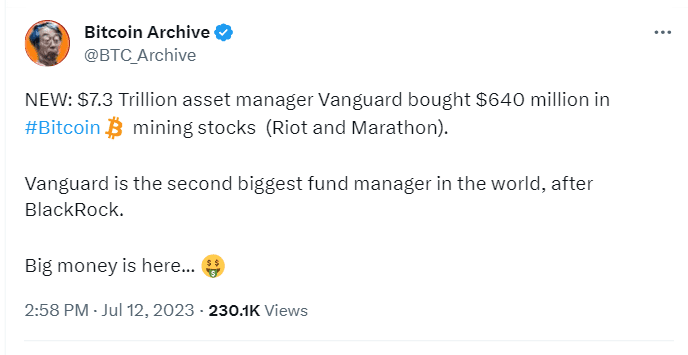 Vanguard, World's second-largest asset manager after BlackRock has purchased $640 million in Bitcoin (BTC) mining stocks, according to  Securities and Exchange Commission (SEC) filing.largest asset management
