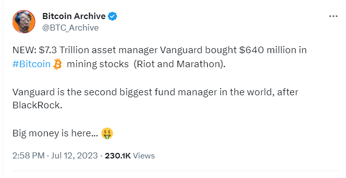 Vanguard, World's second-largest asset manager after BlackRock has purchased $640 million in Bitcoin (BTC) mining stocks, according to  Securities and Exchange Commission (SEC) filing.

largest asset management