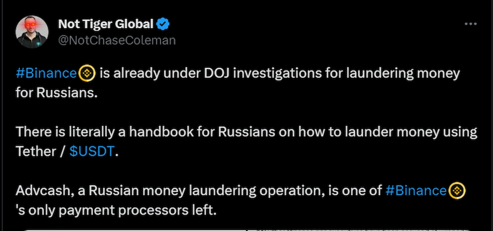 An X user claimed Advcash, a payment processor for Binance, was a Russian money laundering operation.