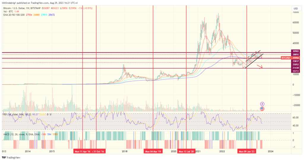 Bitcoin weekly chart showing the low-volatility periods before rallies. Source: TradingView.com