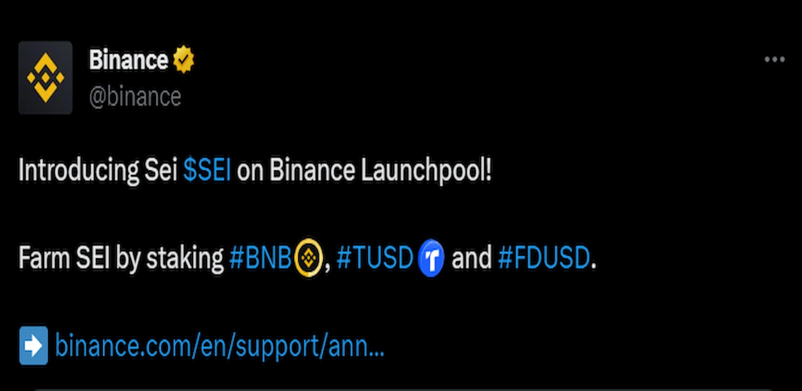Binance announced the introduction of SEI tokens to its Binance Launchpool