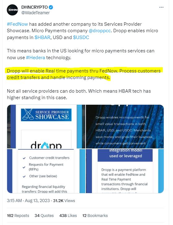 FedNow adds Hedera project Dropp to its service providers showcase 