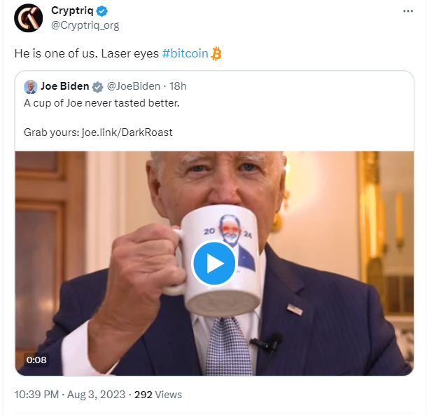 US President Joe Biden is turning into a Bitcoin (BTC) maximalist. He released a coffee mug promotion video featuring him with red laser eyes.