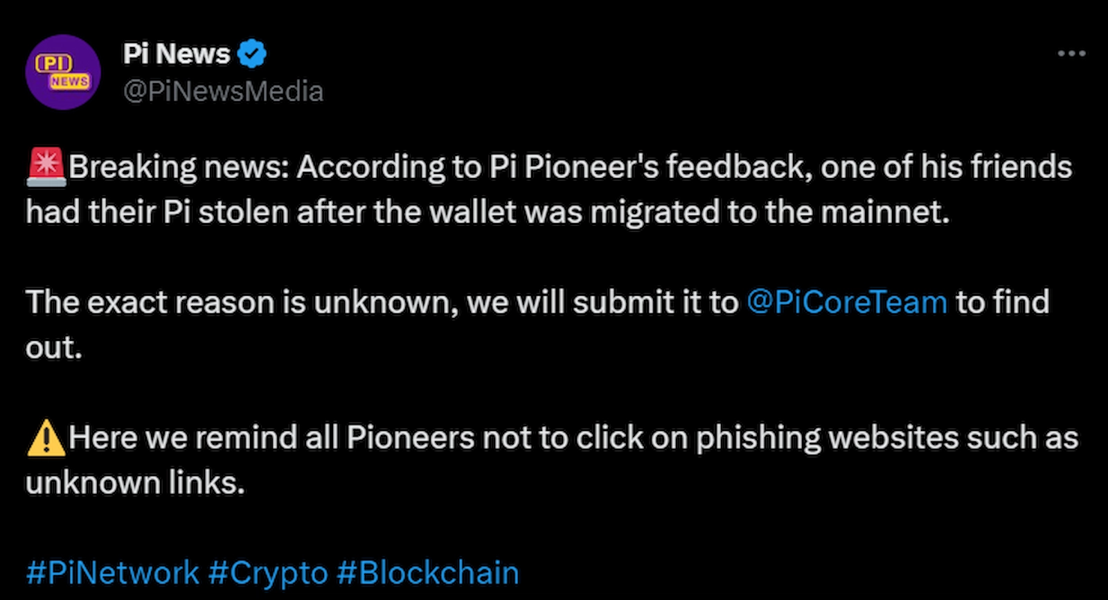 Pi Network users reported loss of tokens from their wallets post migration.