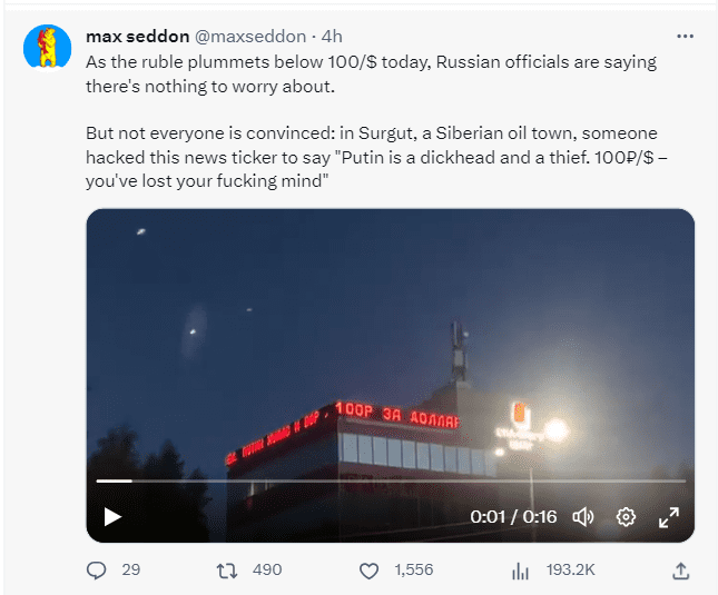 The Russian Ruble has fallen past the 100 mark against the US dollar,  a 17-Month Low Against Amidst Economic Pressures From Ukraine War. 