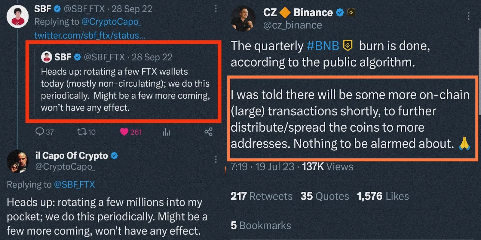 Analyst Crypto Capo highlighted similarities between SBF's and CZ's tweets.