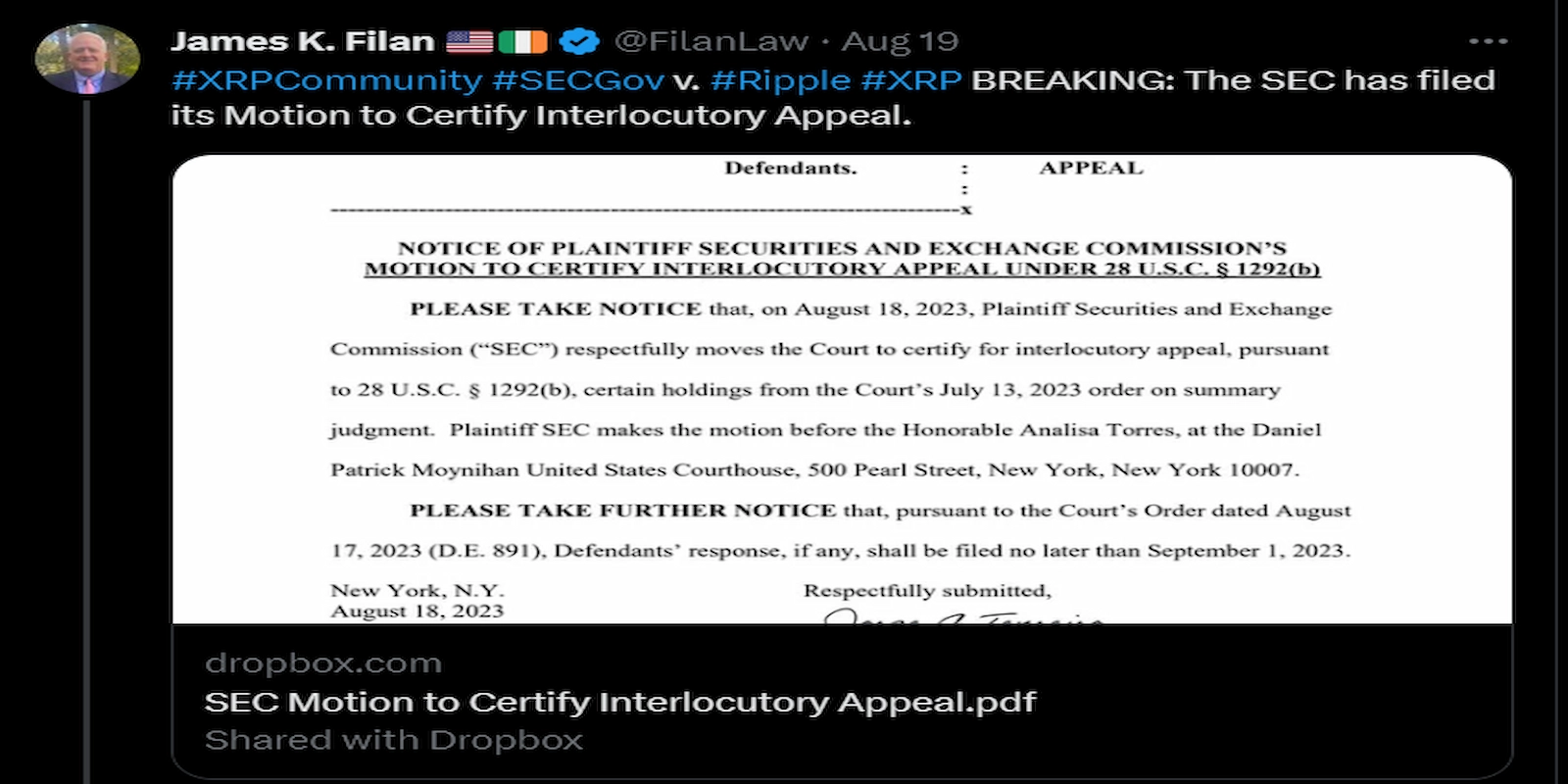 Pro-XRP lawyer James K. Filan noted that the SEC had filed a motion to certify interlocutory appeal