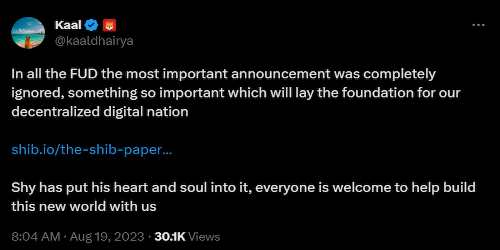 Shiba Inu developer Kaal Dhairya shared the release of the SHIB Paper