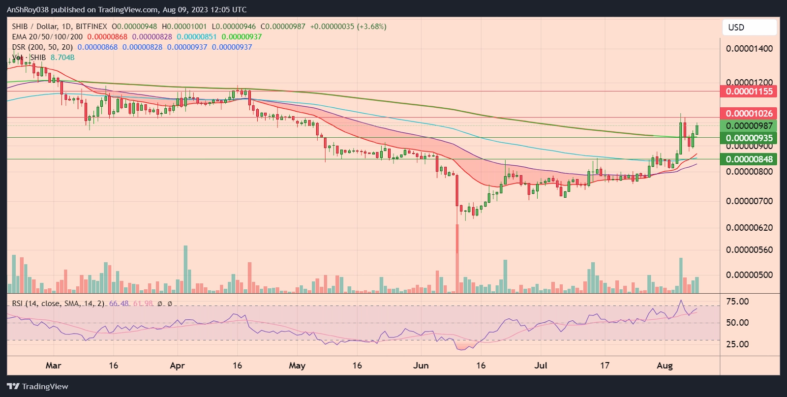SHIBUSD daily chart with RSI. 