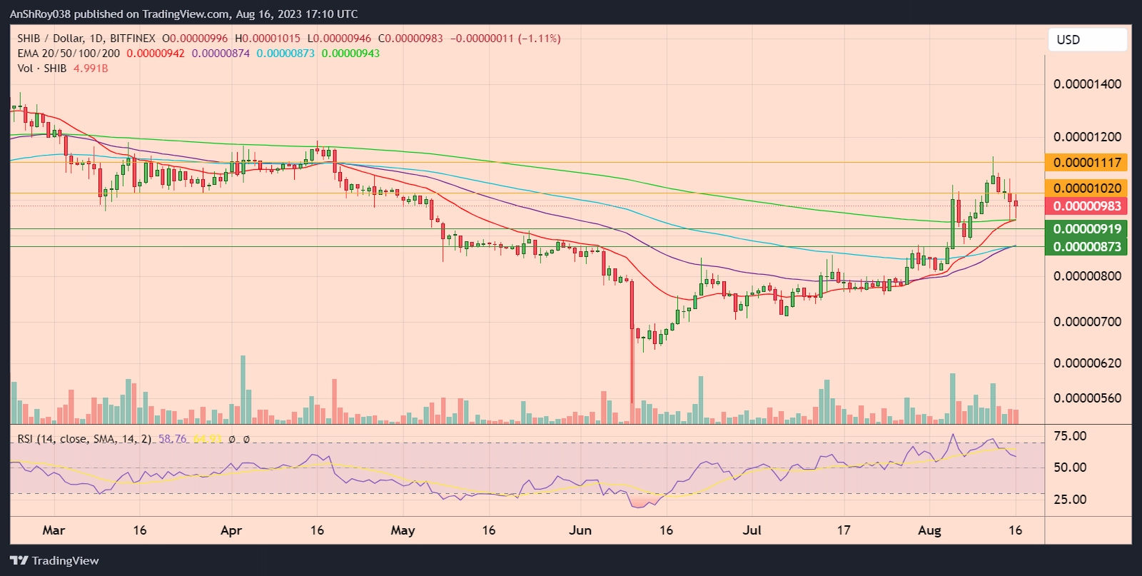 SHIBUSD daily price chart with RSI.