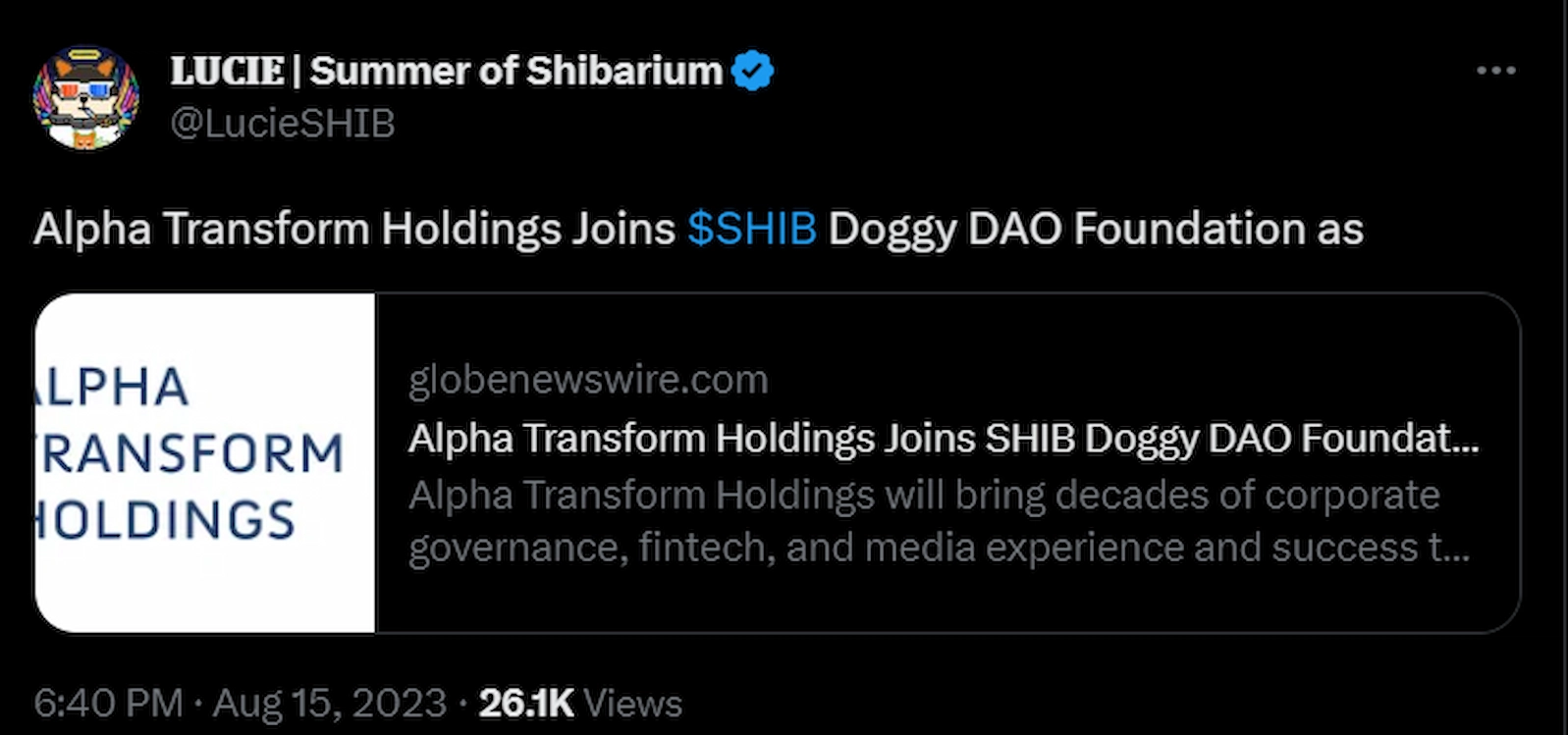 Shiba Inu partnered with Alpha Transform Holdings for the Shibarium launch.