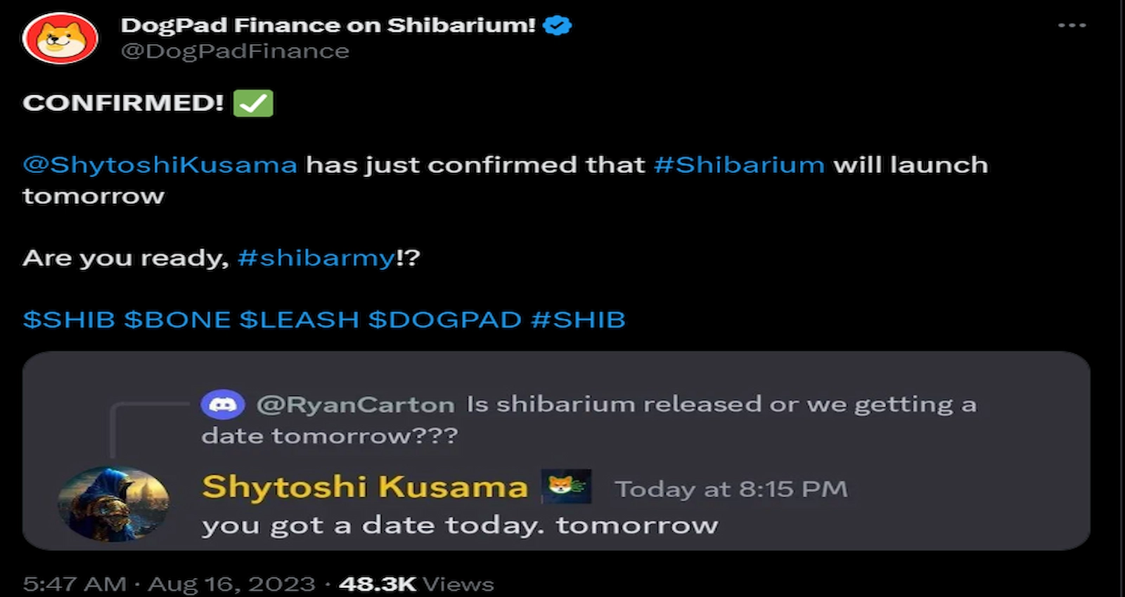 DogPad Finance claimed Shiba Inu developers could launch Shibarium on Aug 16.