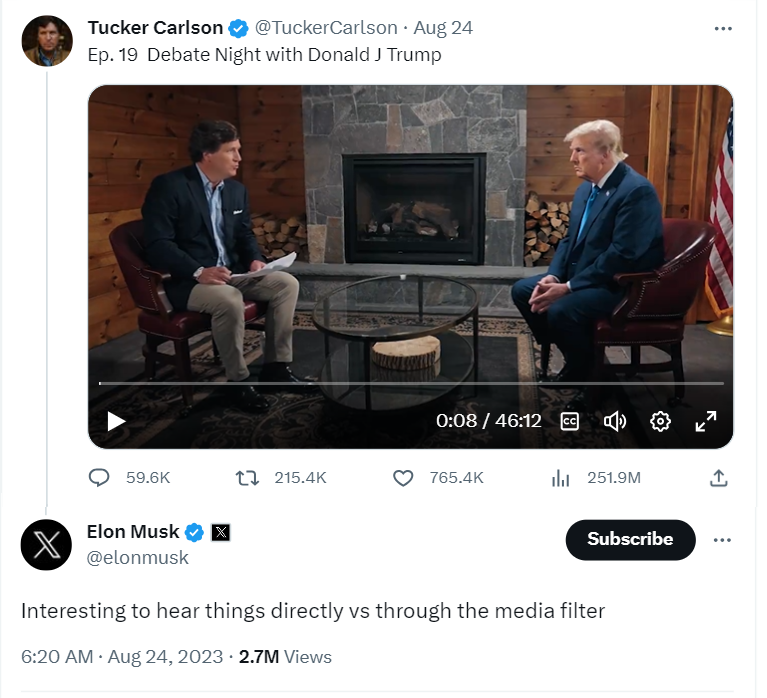 Elon Musk is thrilled after Tucker Carlson's interview with Donald Trump went viral on X (formerly Twitter). 
