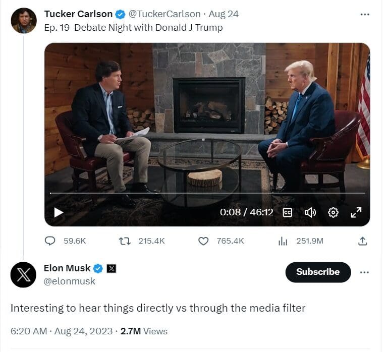 Elon Musk is thrilled after Tucker Carlson's interview with Donald Trump went viral on X (formerly Twitter). 