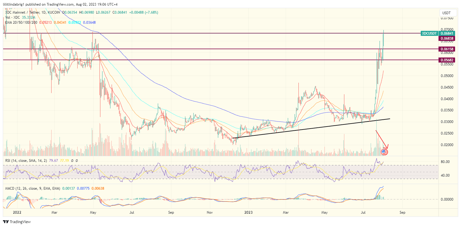 XinFin (XDC) whopping 130% gain since July 12 could fizzle out shortly. Source: TradingView.com 