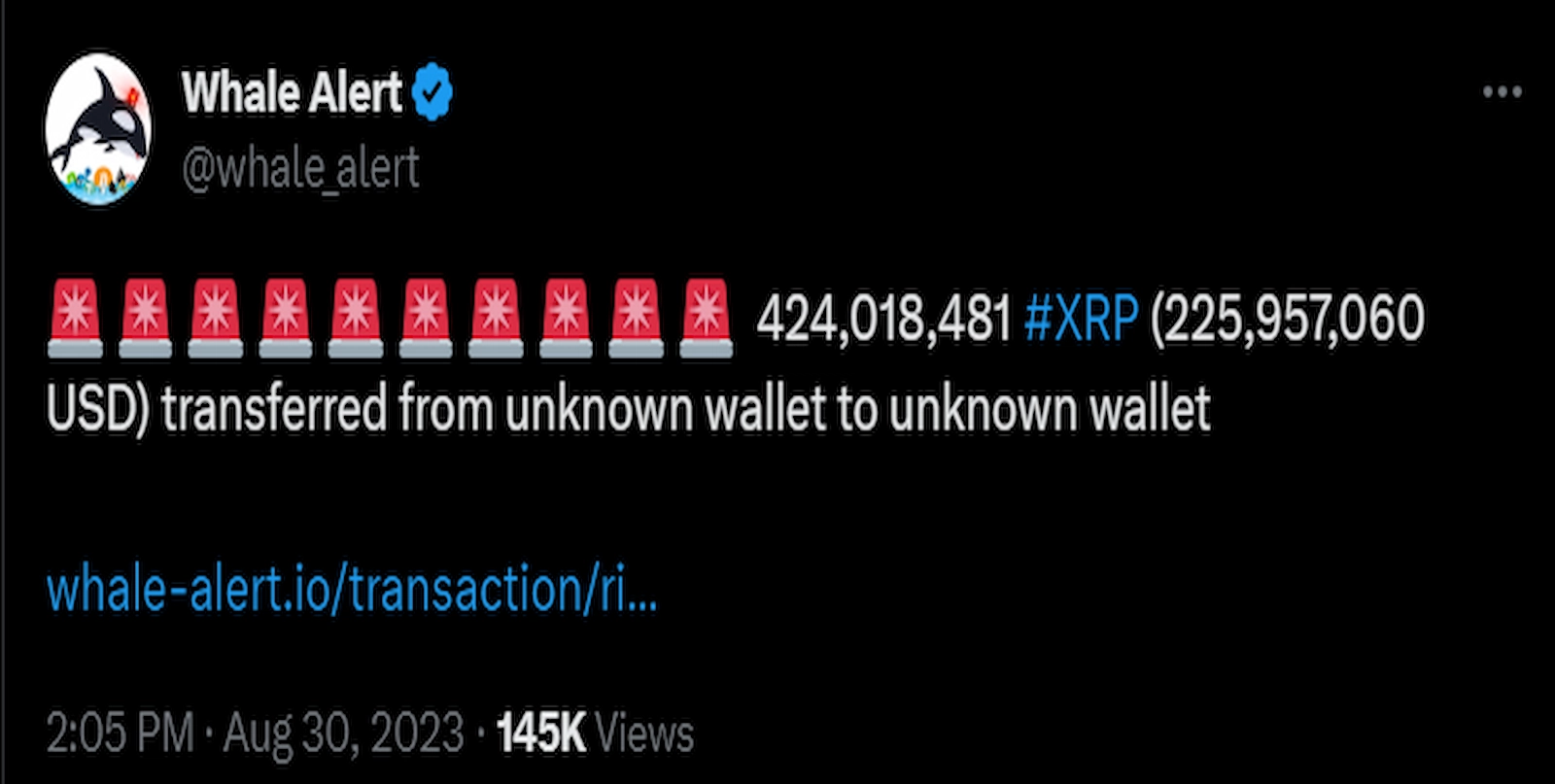 Whales moved more than 424 million XRP tokens