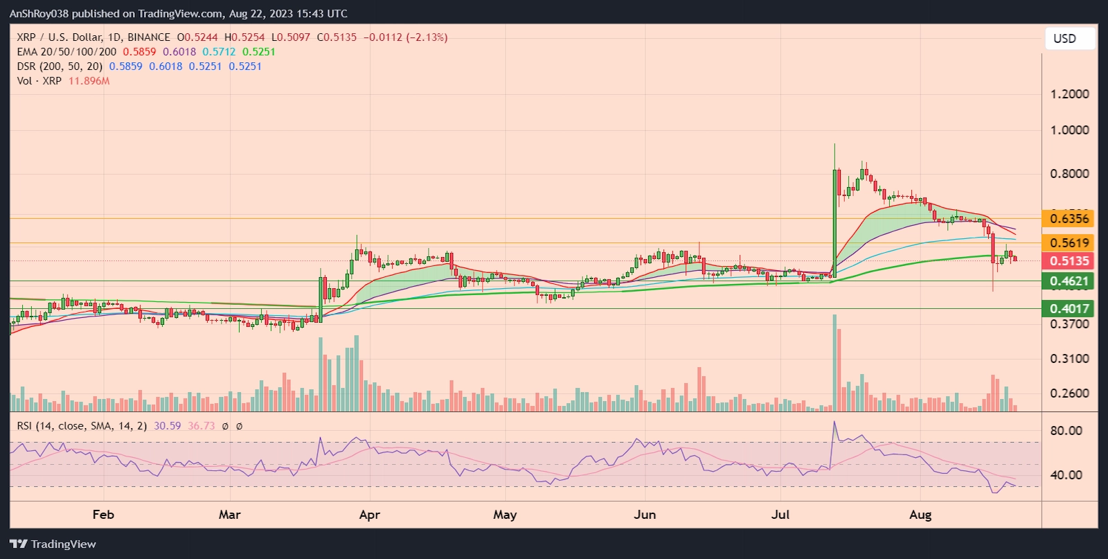 XRPUSD daily price chart with RSI. 