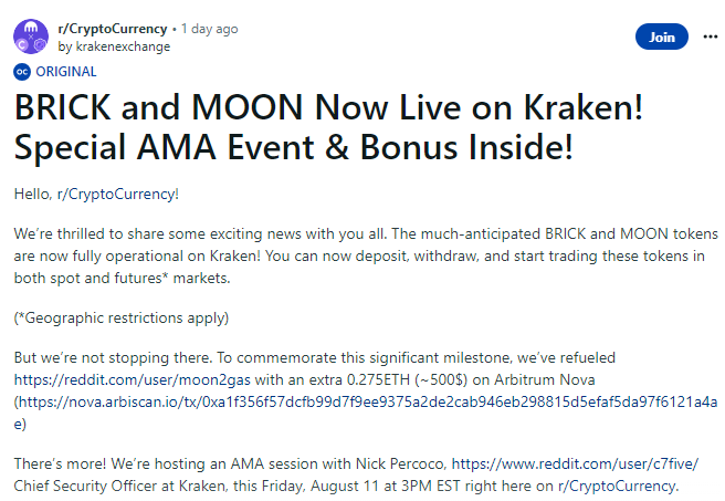 Kraken Announced Listing of Moon and Brick Coins