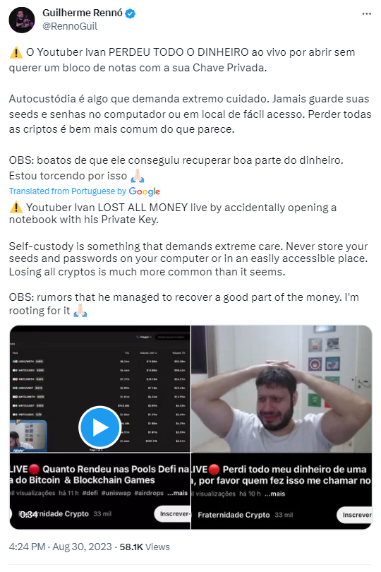 Brazilian influencer Ivan Bianco lost $50,000  during live stream after revealing his crypto wallet seed phrase to everyone watching.